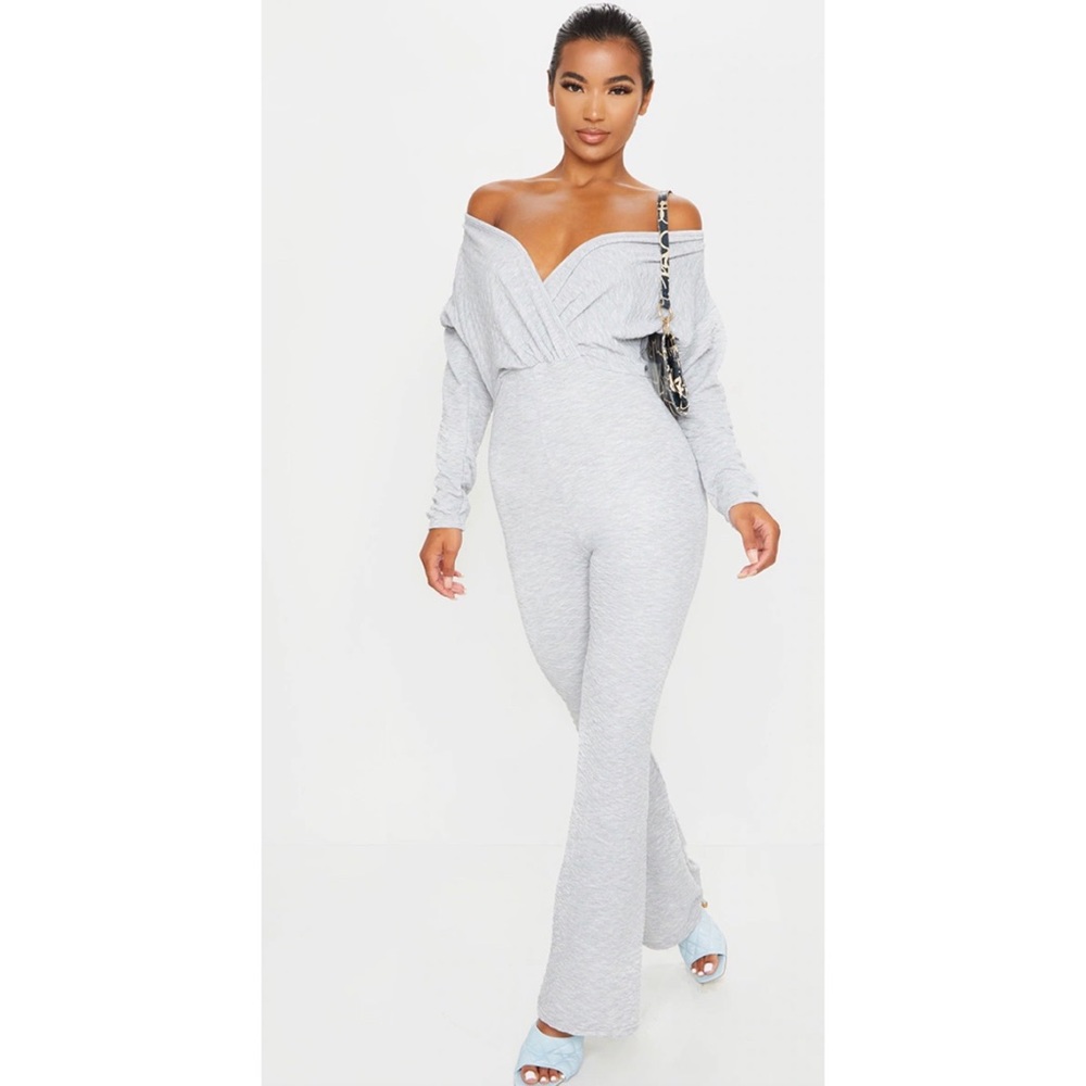 Grey Off Shoulder Wrap Waffle Jumpsuit